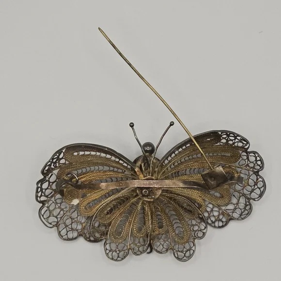 VTG Silver Filigree Butterfly Brooch Pin Pendant 1950s-60s Mid Century Jewelry - Picture 7 of 11